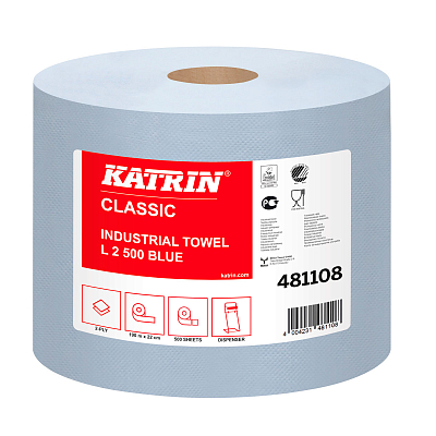 Папір для протирання в рулонах Katrin Classic Industrial L2, блакитний, 2 шари, 180 м, 500 листів, 1 рулон