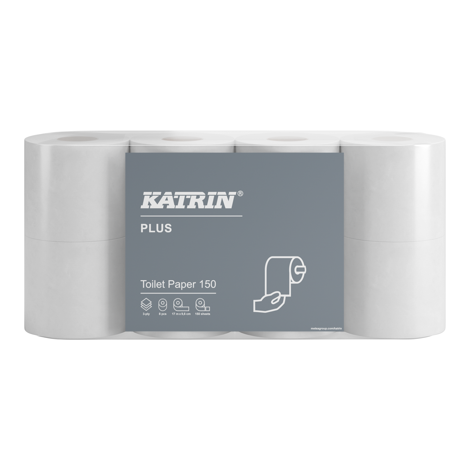 Туалетний папір Katrin Plus в стандартних рулонах, білий, 3 шари, 150 відривів, 8 рулонів