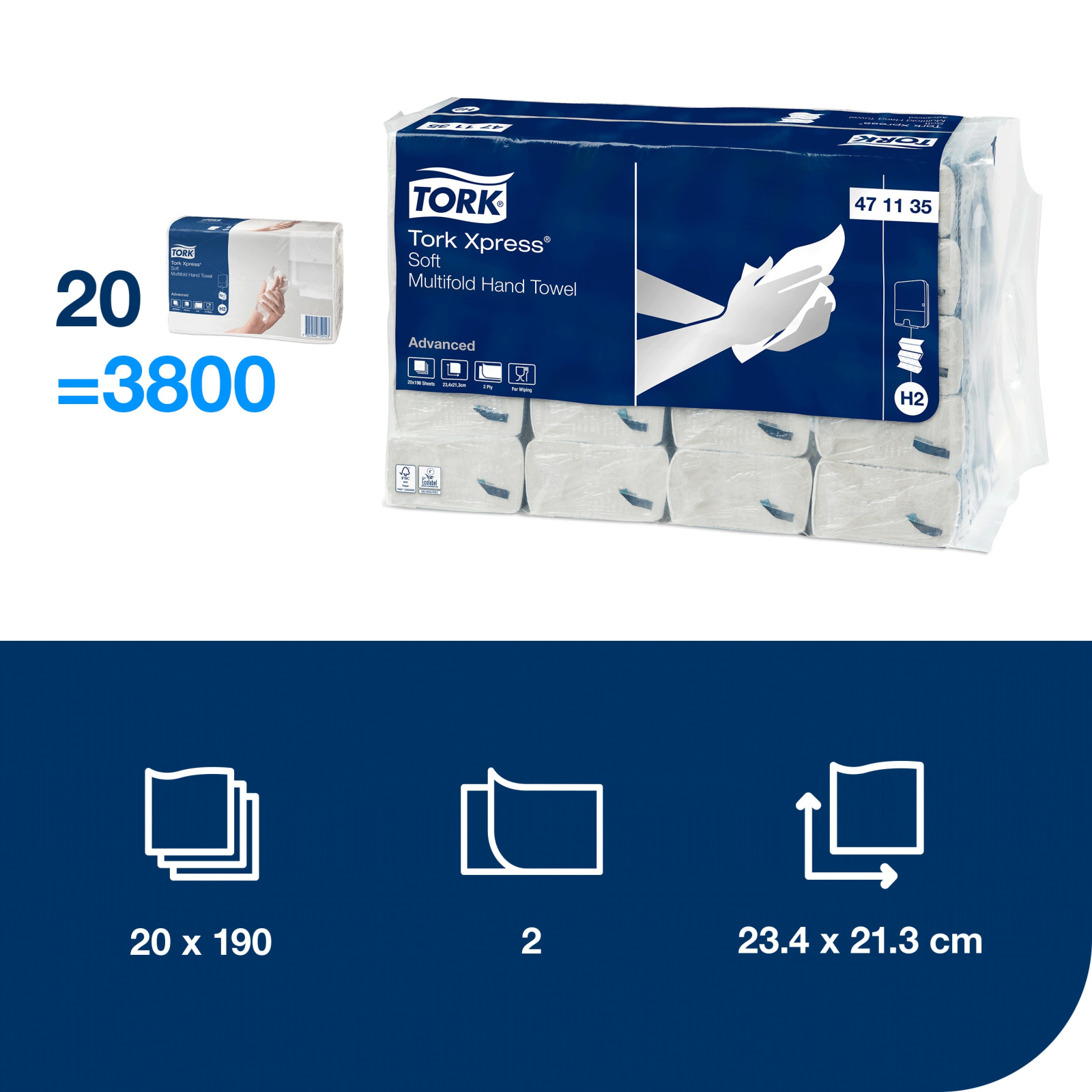 Листові вузькопанельні рушники Tork Xpress Advanced Soft складання Multifold, білі, 2 шари, 21х23 см, 190 листів