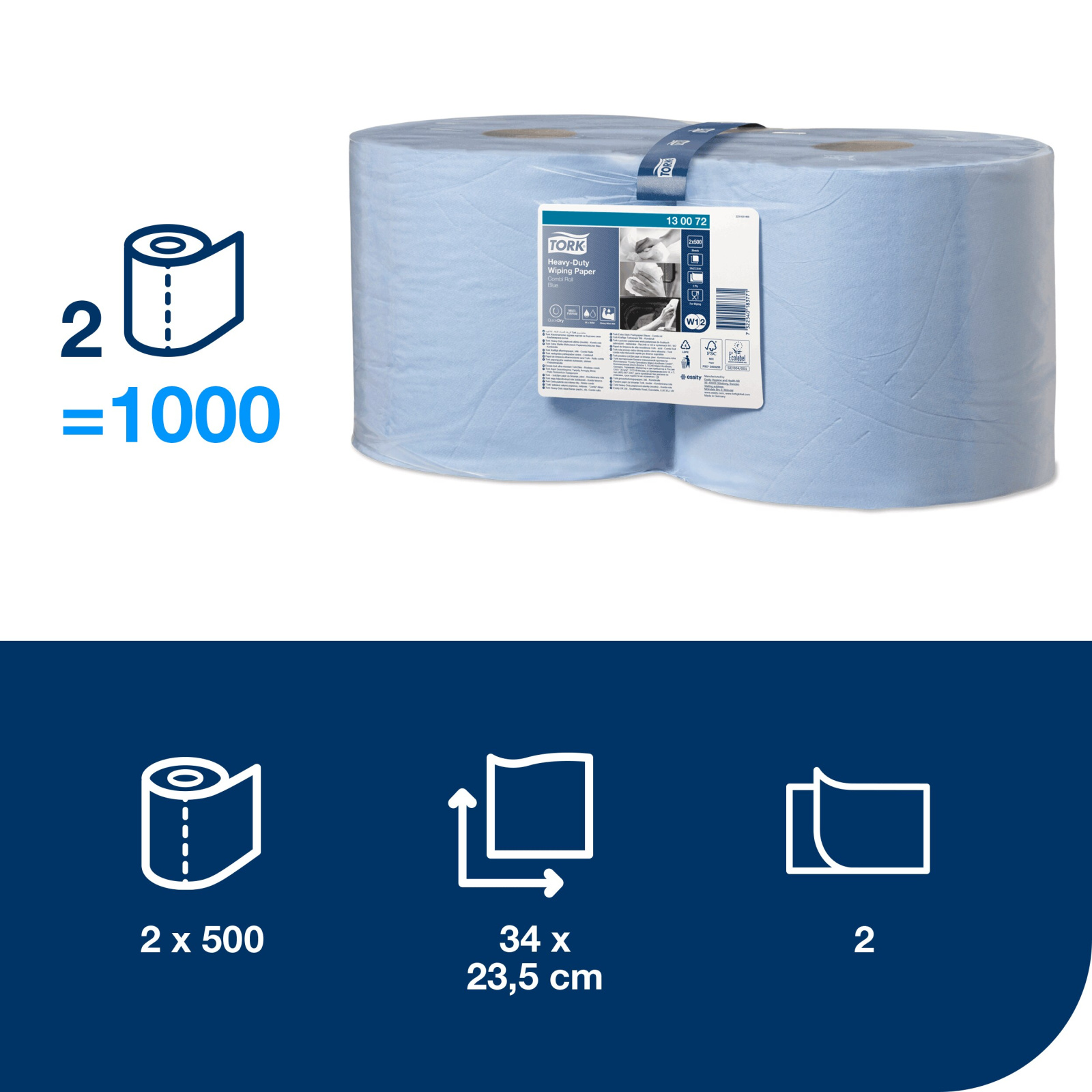 Папір для протирання в рулонах Tork Advanced підвищеної міцності, блакитний, 2 шари, 170 м, 500 листів, 1 рулон