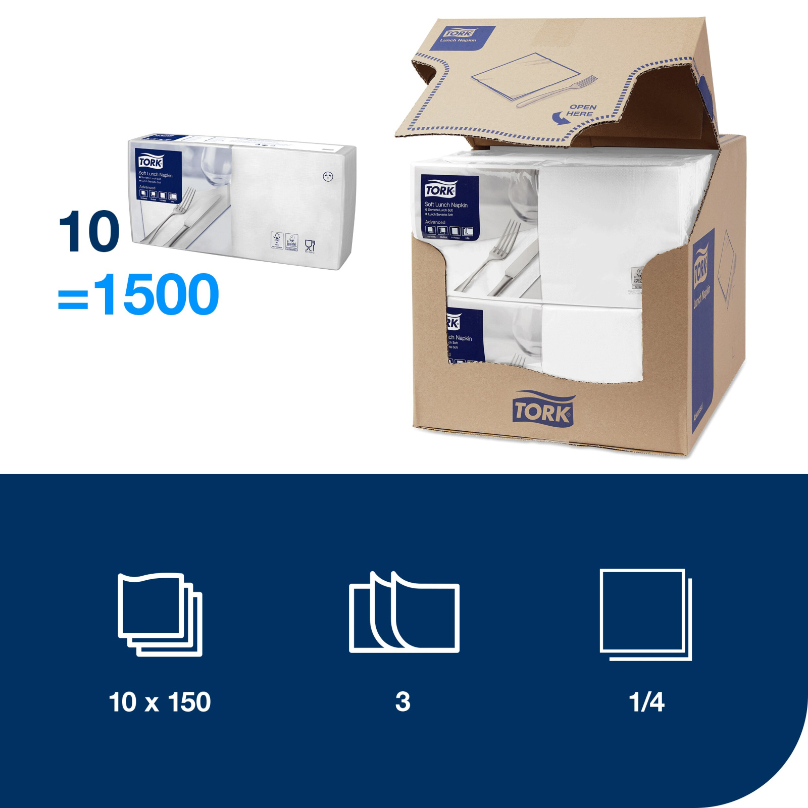 Обідні серветки Tork Advanced Soft, білі, 3 шари, 33х33 см, 150 шт