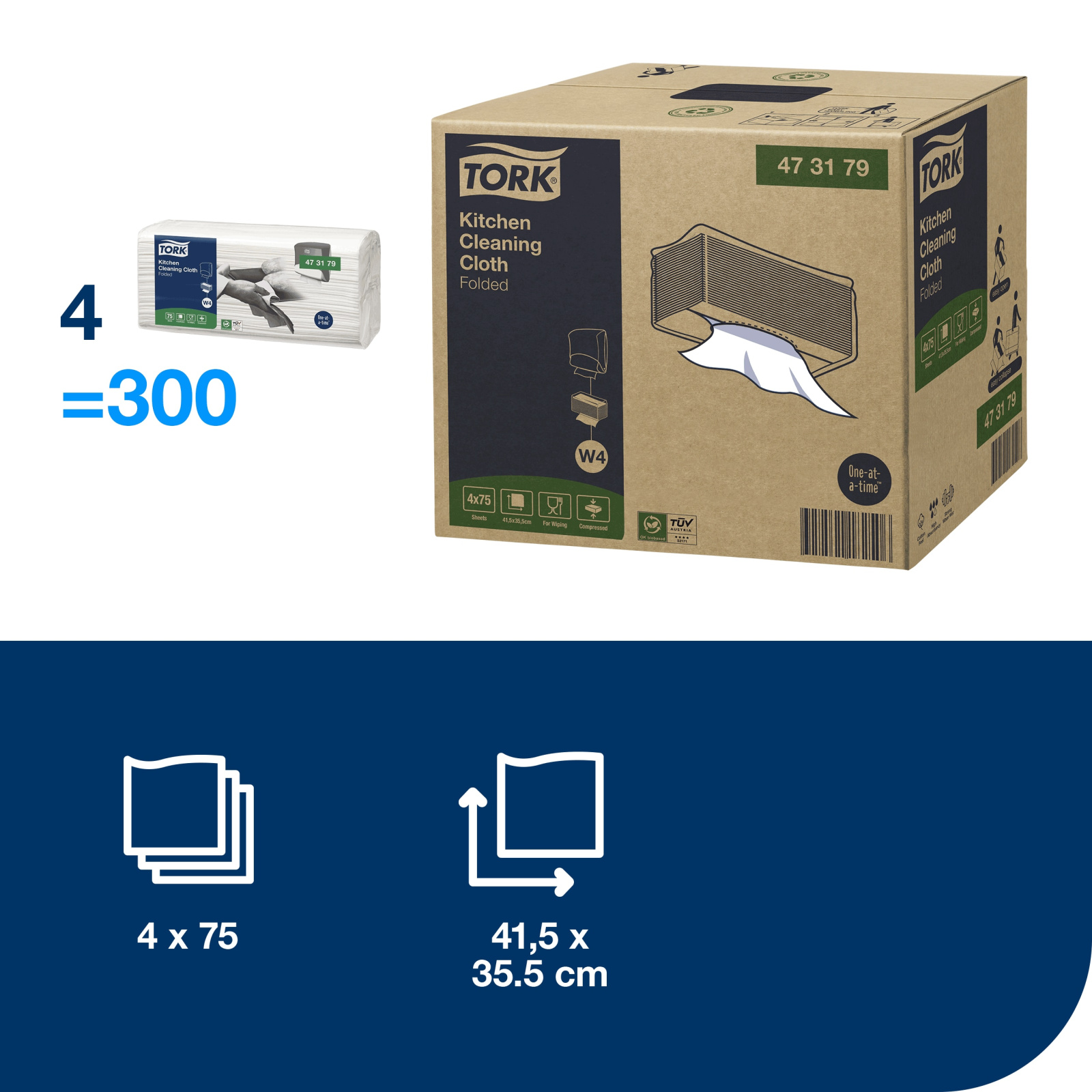 Нетканий матеріал для протирання в серветках Tork Premium для кухні, білий, 75 листів