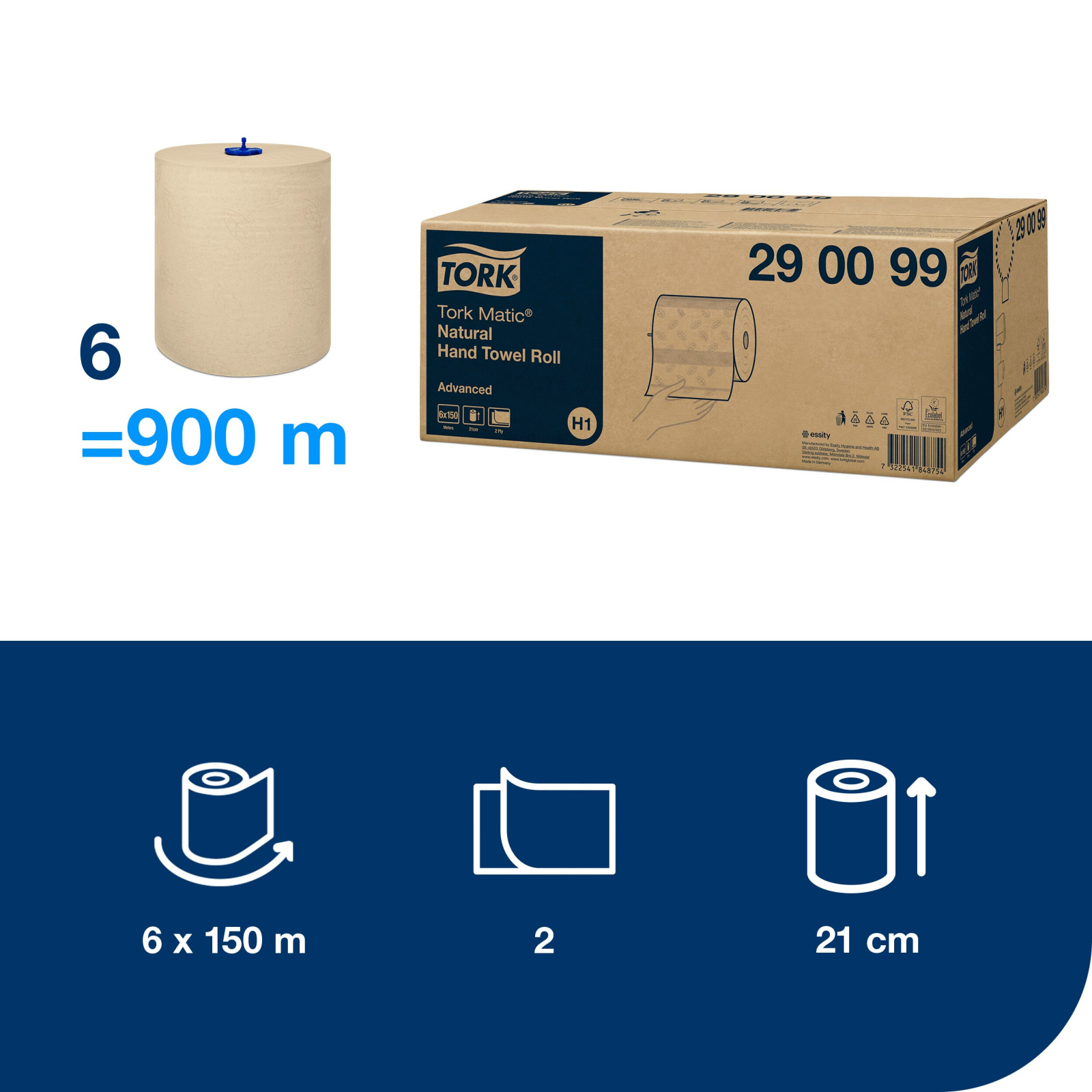 Рушники в рулонах Tork Matic Advanced, натурального кольору, 2 шари, 150 м, 600 листів, 1 рулон