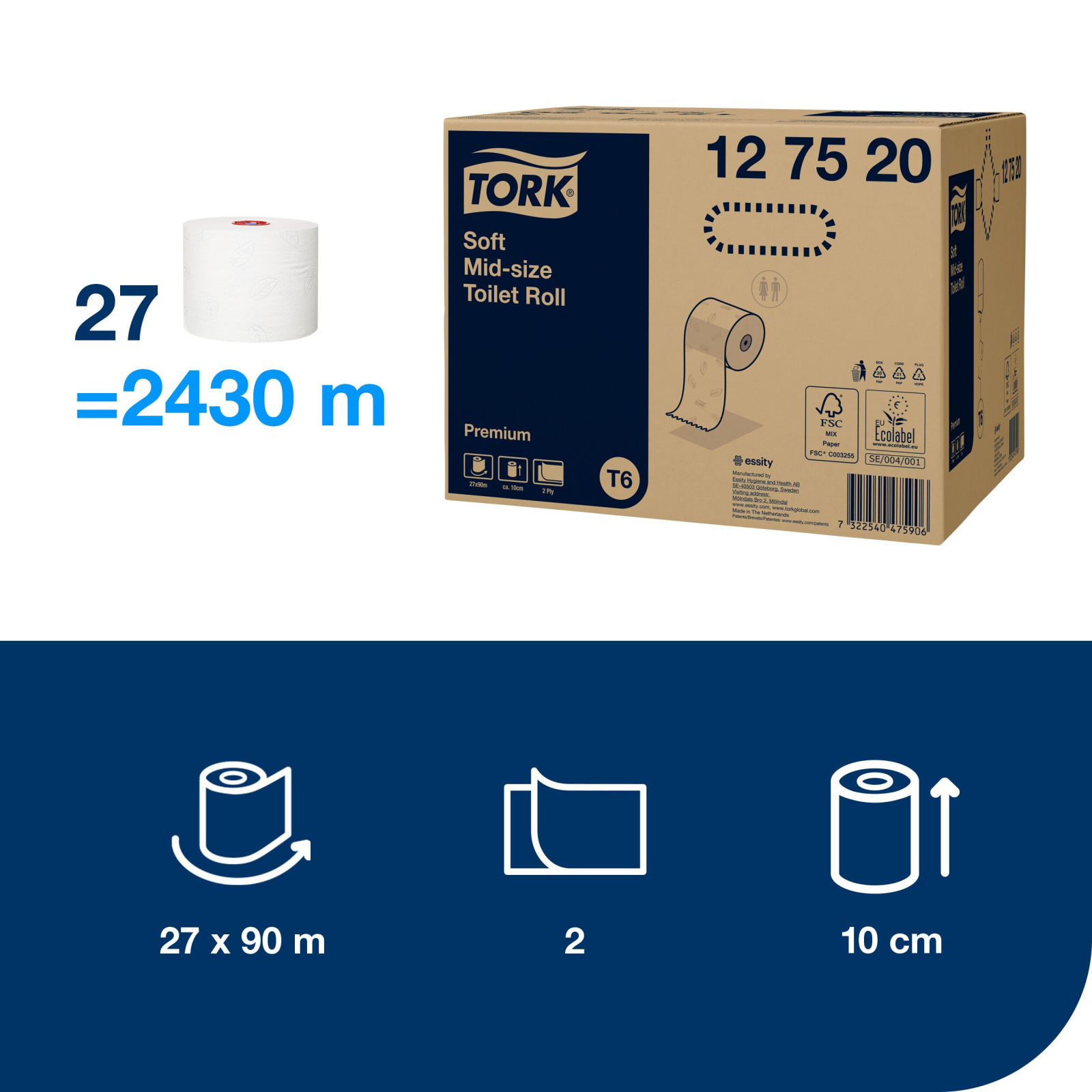 Туалетний папір Tork Premium Soft в міді рулонах, білий, 2 шари, 90 м, 1 рулон