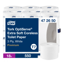 Екстра м'який туалетний папір в рулонах Tork OptiServe Premium без втулки, білий, 3 шари, 550 відривів, 1 рулон