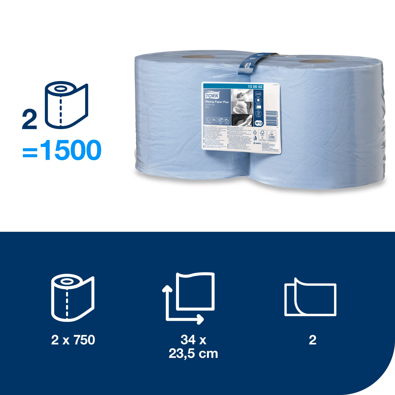 Папір для протирання в рулонах Tork Plus Advanced, блакитний, 2 шари, 255 м, 750 листів, 1 рулон