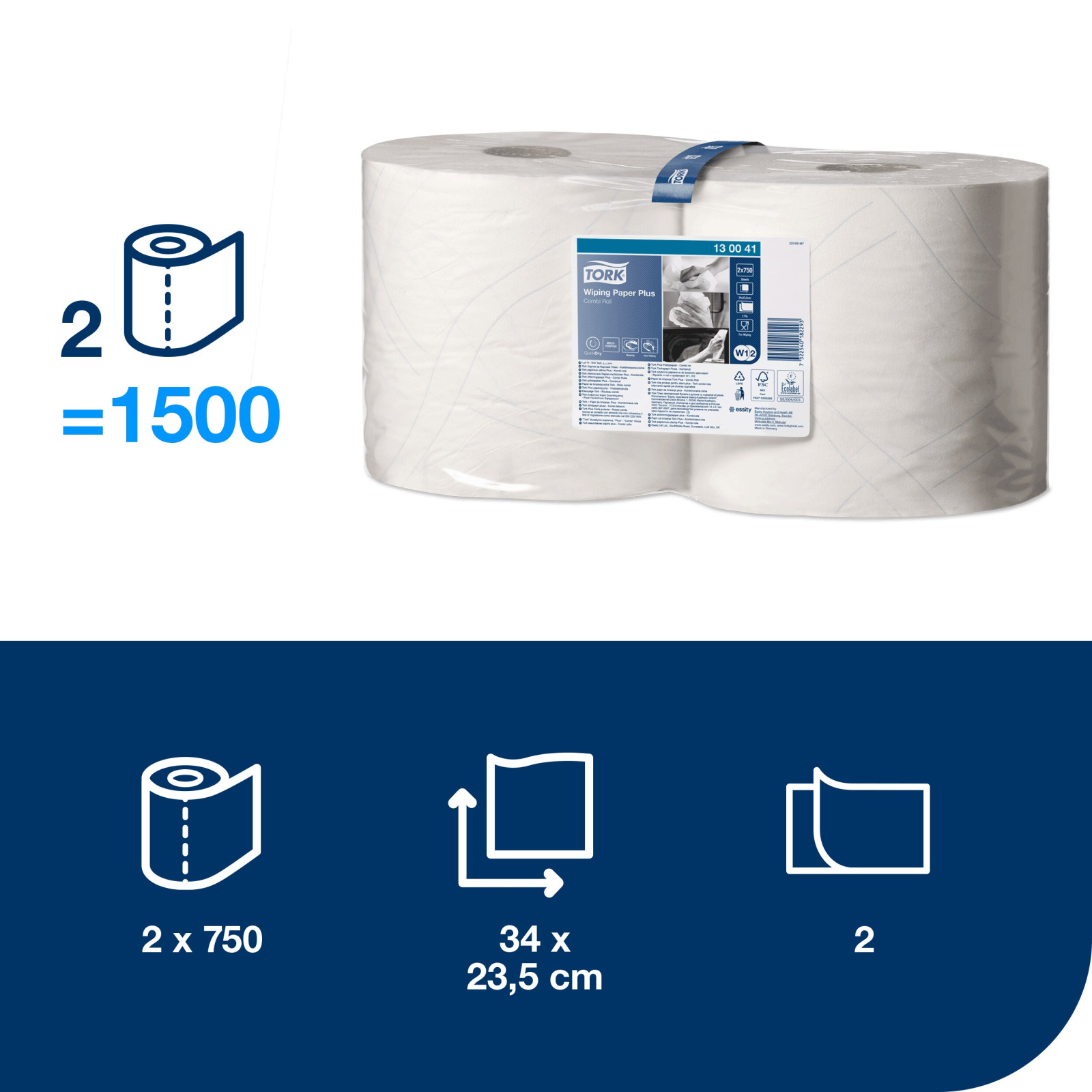 Папір для протирання в рулонах Tork Plus Advanced, білий, 2 шари, 255 м, 750 листів, 1 рулон