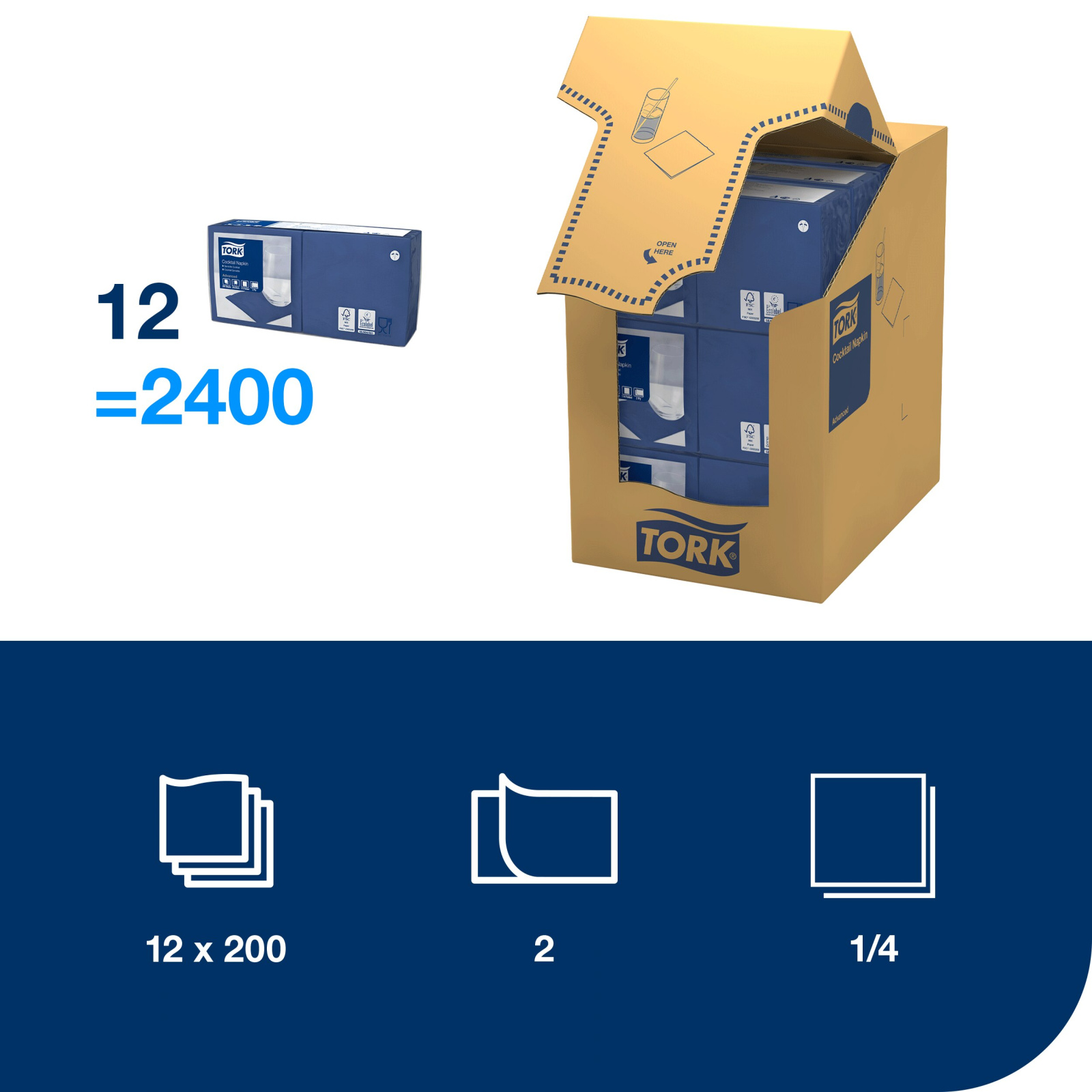 Коктейльні серветки Tork Advanced, сині, 24х24 см, 2 шари, 200 шт