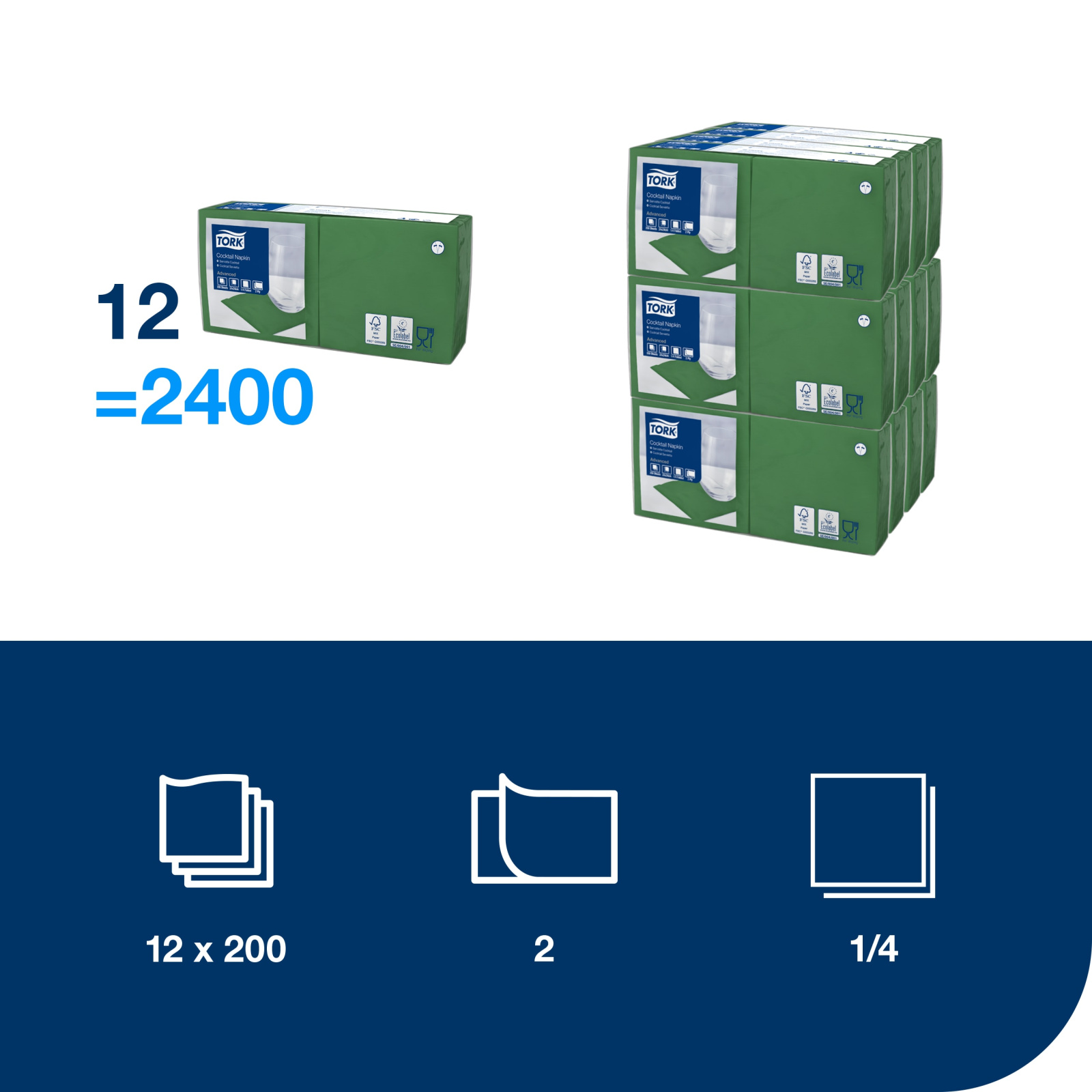 Коктейльні серветки Tork Advanced, зелені, 2 шари, 24х24 см, 200 шт