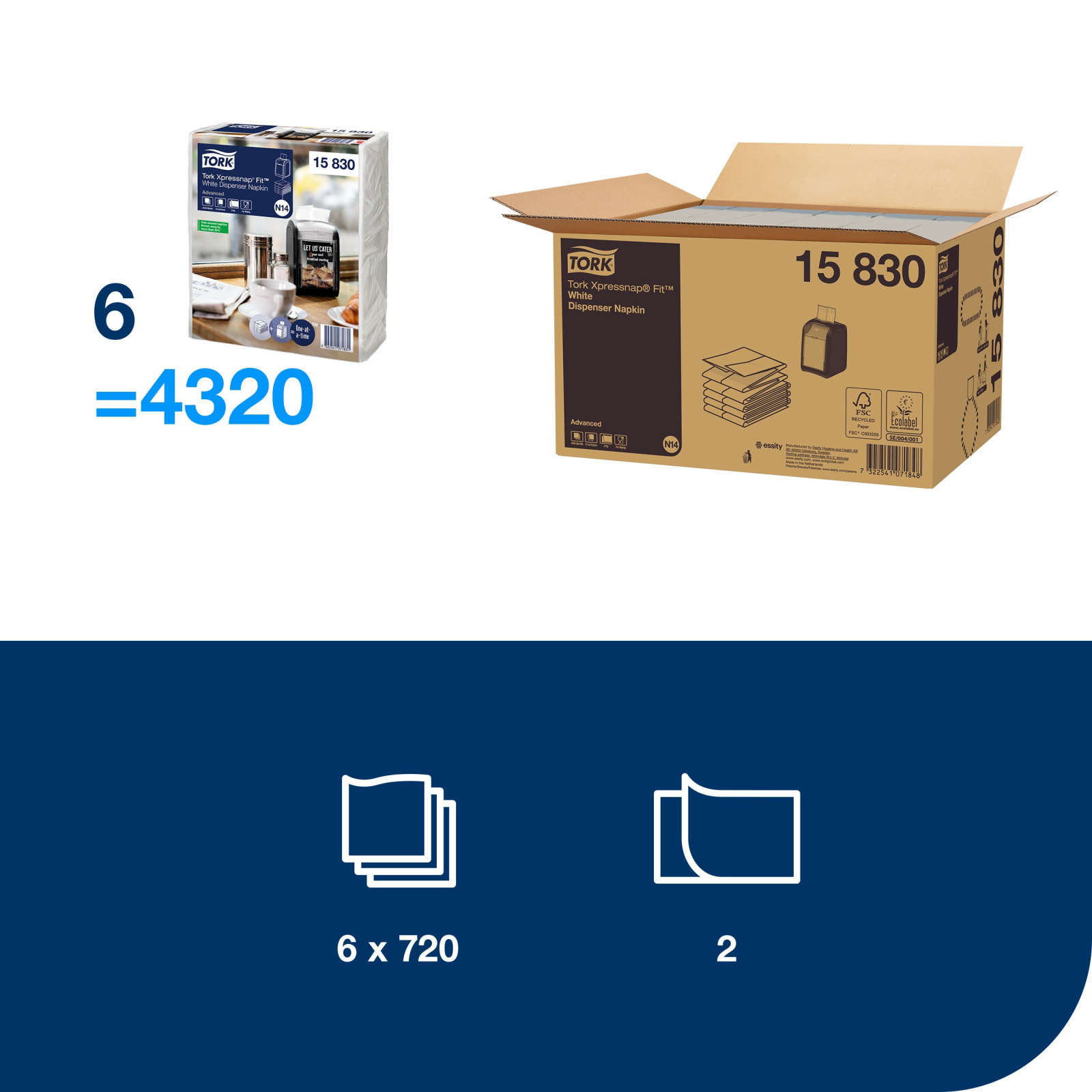 Диспенсерні серветки Tork Xpressnap Fit Advanced, білі, 2 шари, 720 шт