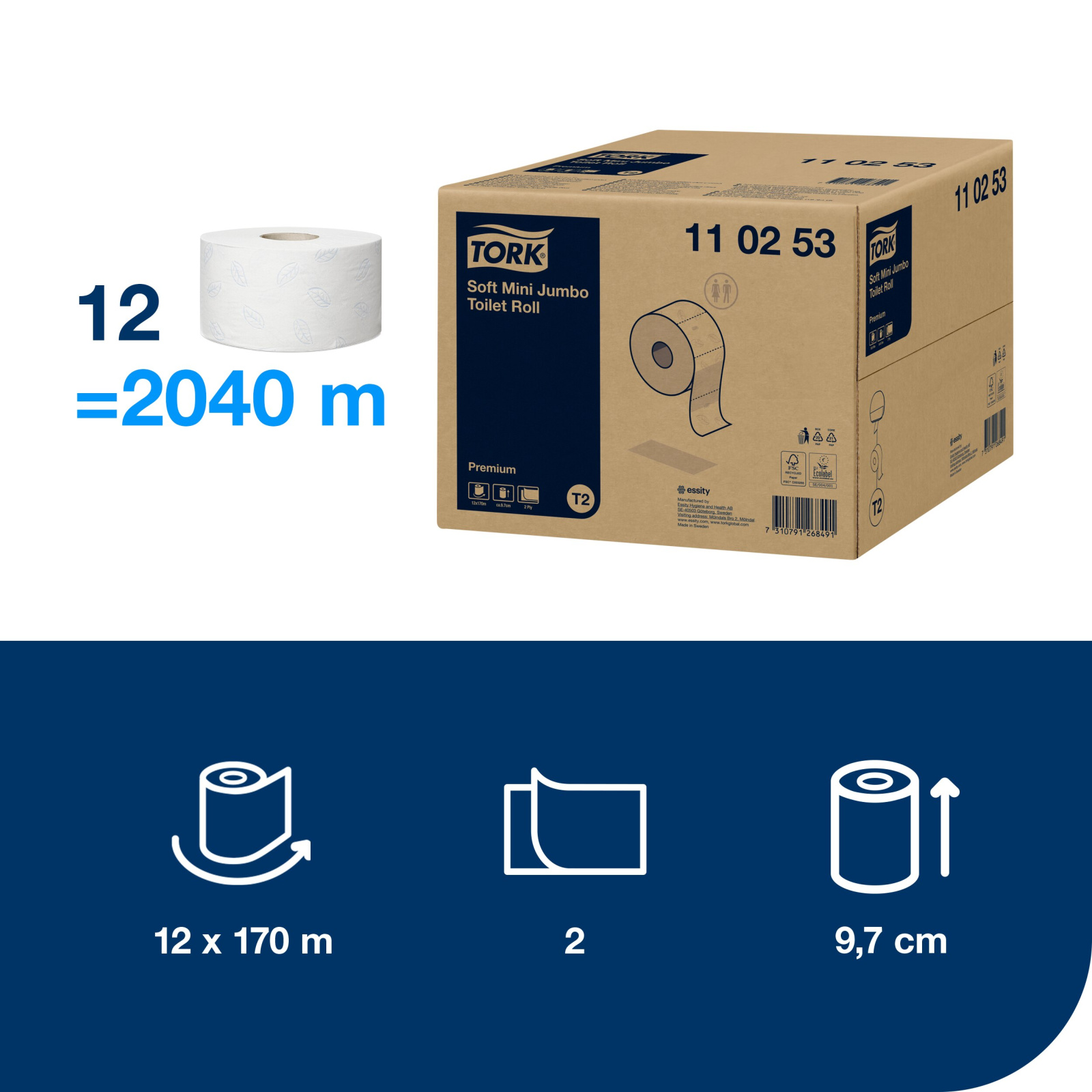 Туалетний папір Tork Premium Soft в рулонах Mini Jumbo, білий, 2 шари, 170 м, 1 рулон