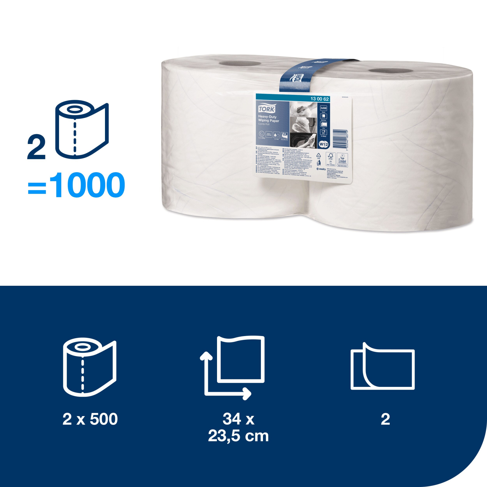 Папір для протирання в рулонах Tork Advanced підвищеної міцності, білий, 2 шари, 170 м, 500 листів, 1 рулон