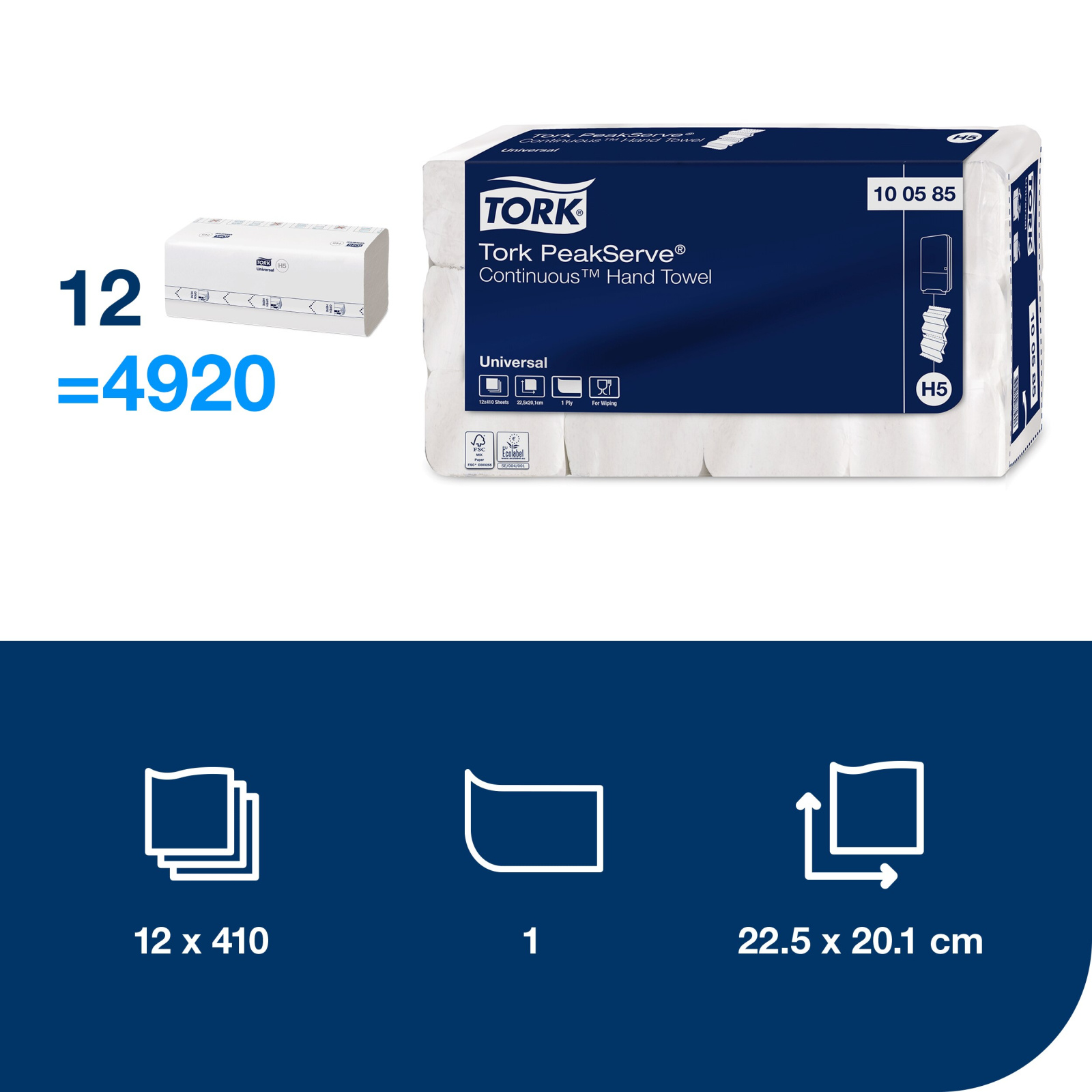 Листові вузькопанельні рушники Tork PeakServe Universal з безперервною подачею, білі, 1 шар, 410 листів