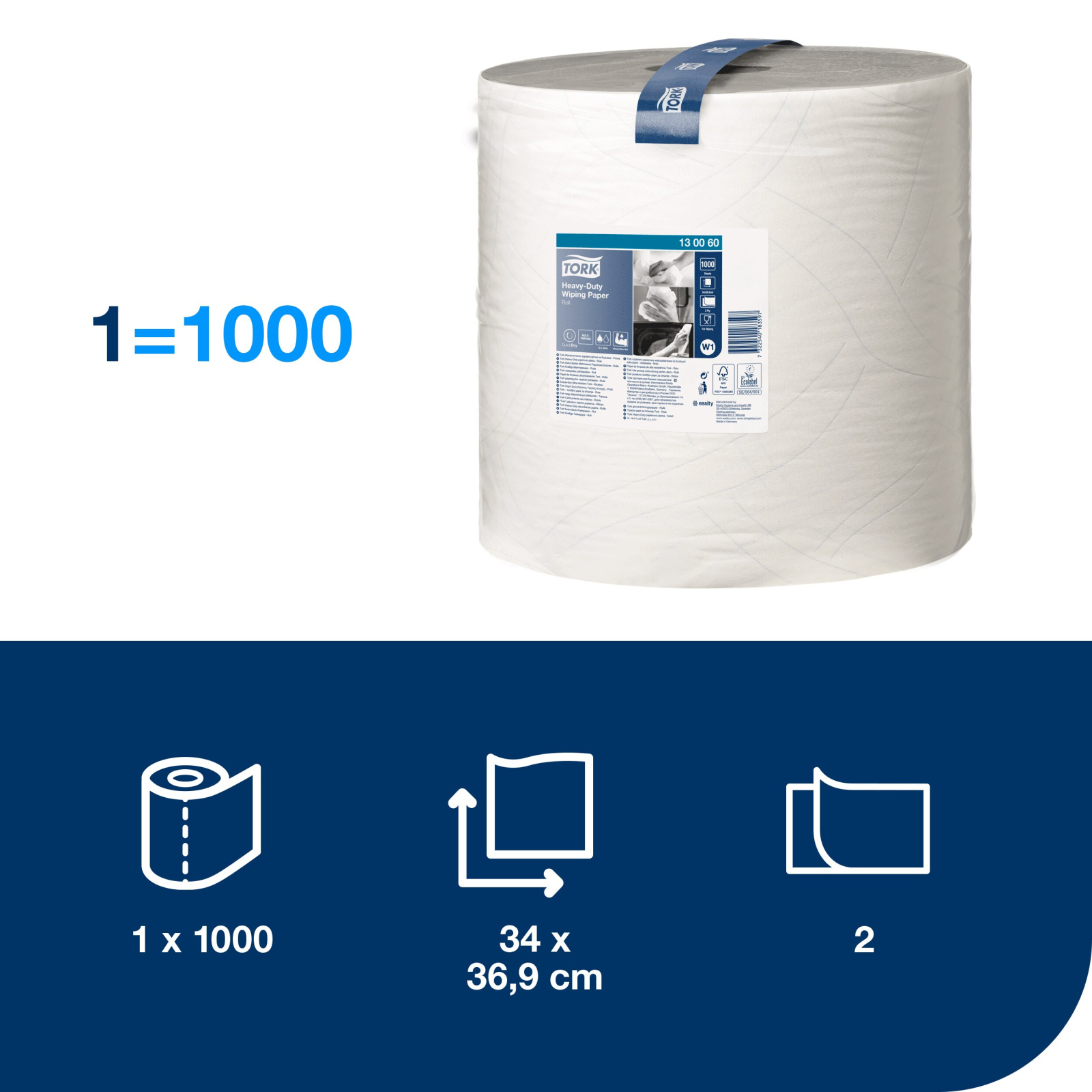 Папір для протирання в рулонах Tork Premium підвищеної міцності, білий, 2 шари, 340 м, 1000 листів, 1 рулон