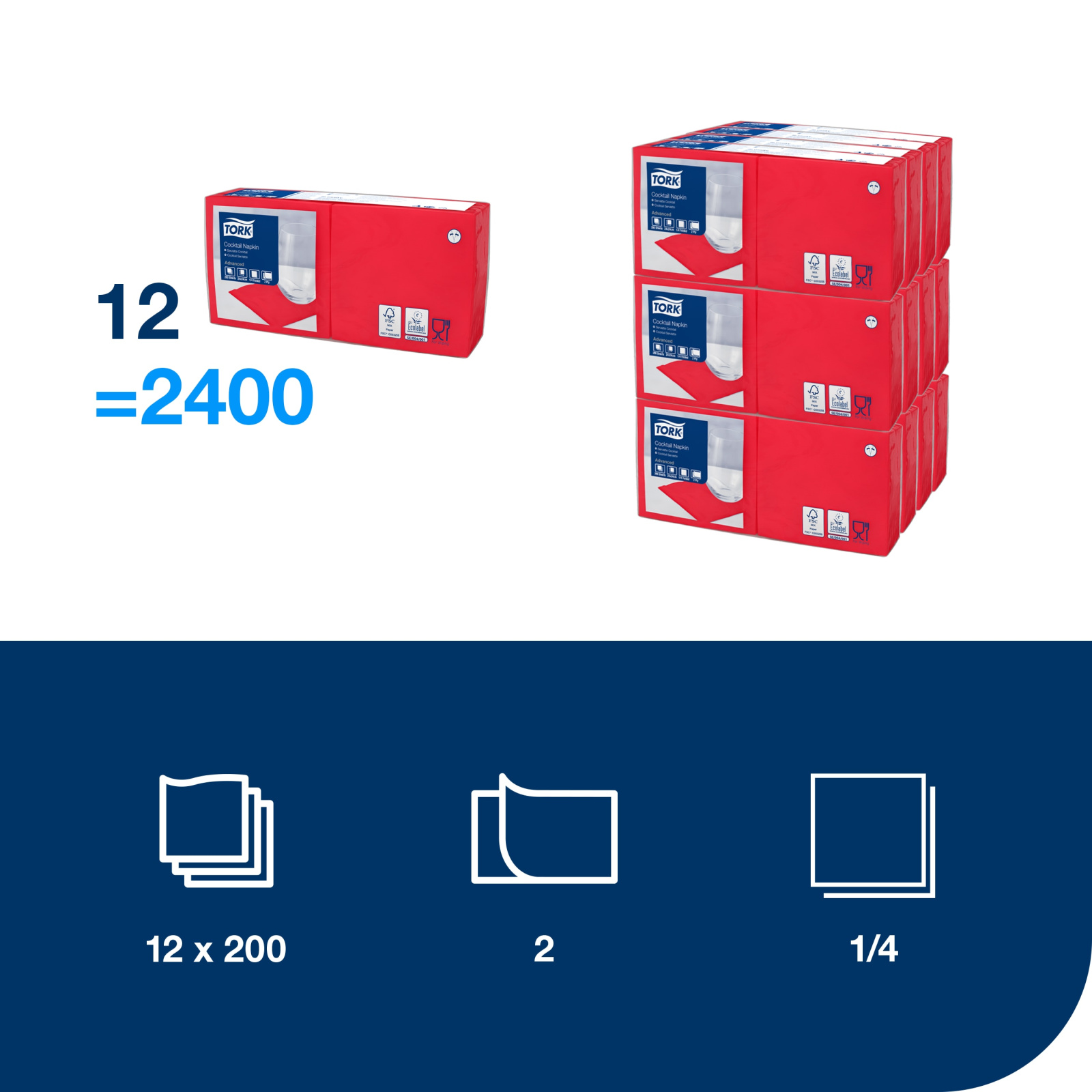 Коктейльні серветки Tork Advanced, червоні, 2 шари, 24х24 см, 200 шт