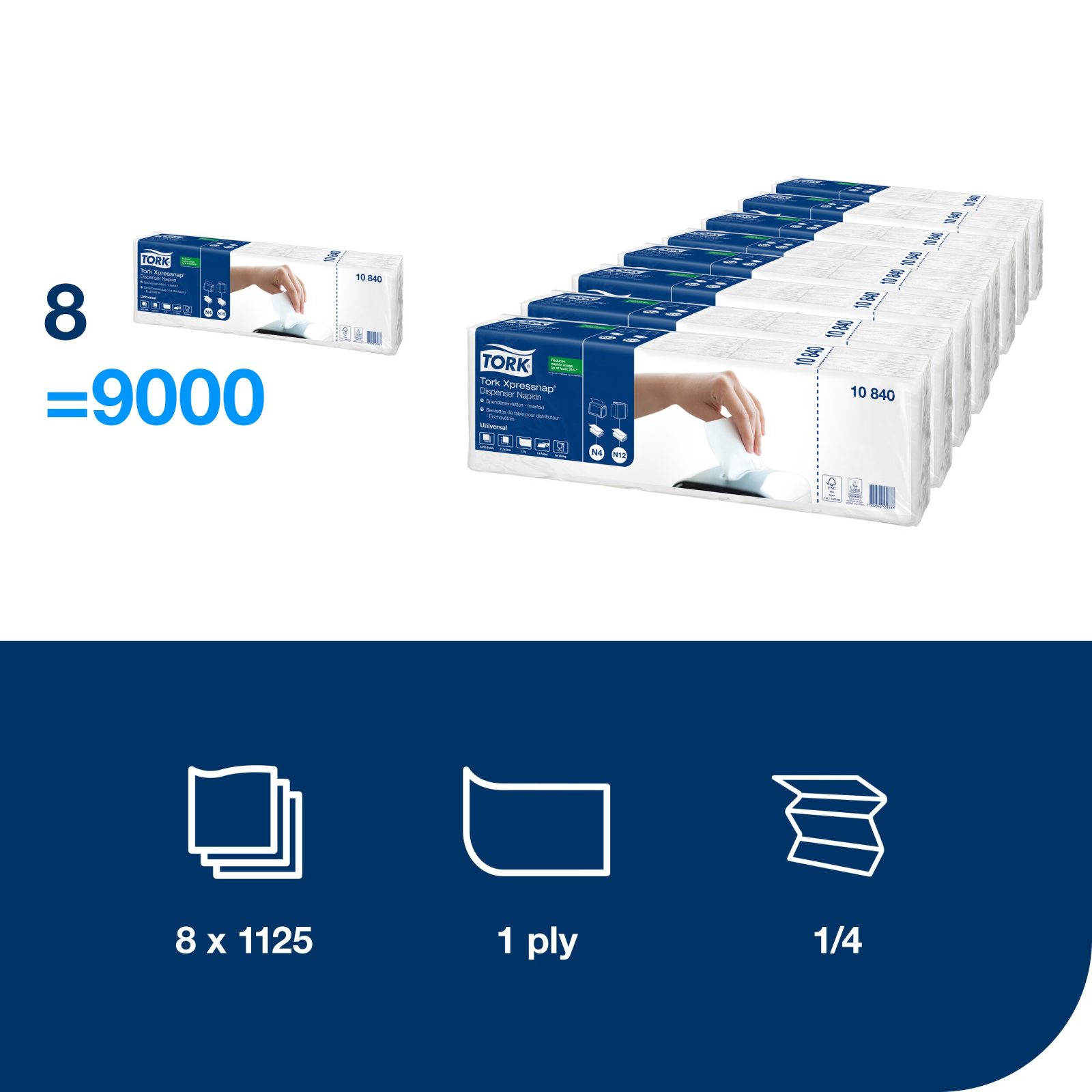 Серветки Tork Xpressnap Universal для диспенсера, білі, 1 шар, 1125 шт