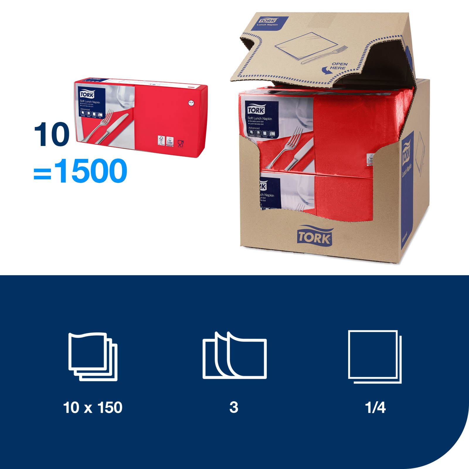 Обідні серветки Tork Advanced Soft, червоні, 3 шари, 33х33 см, 150 шт