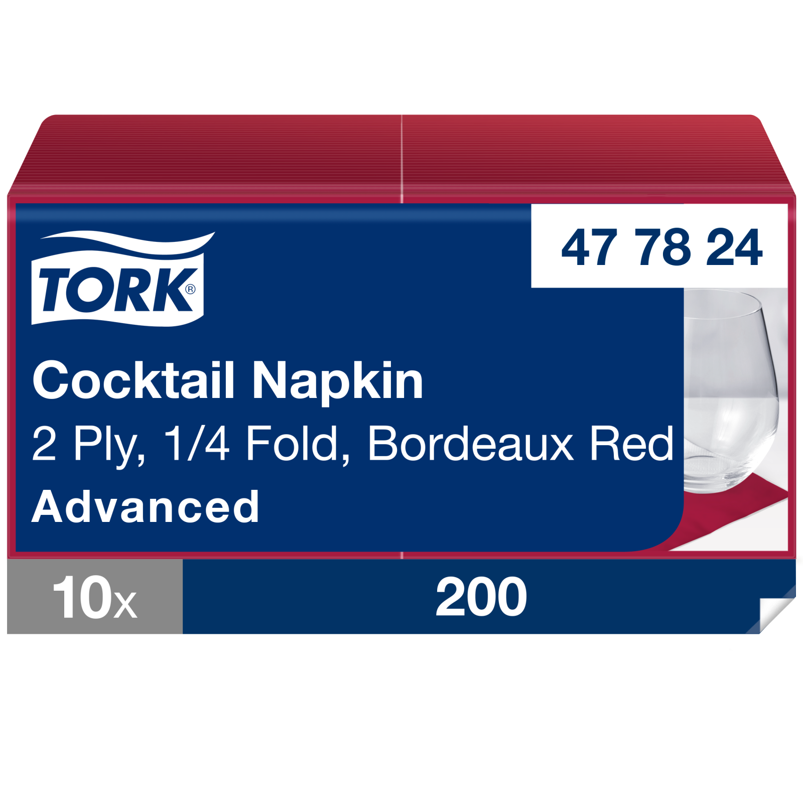 Коктейльні серветки Tork Advanced, бордо, 2 шари, 24х24 см, 200 шт
