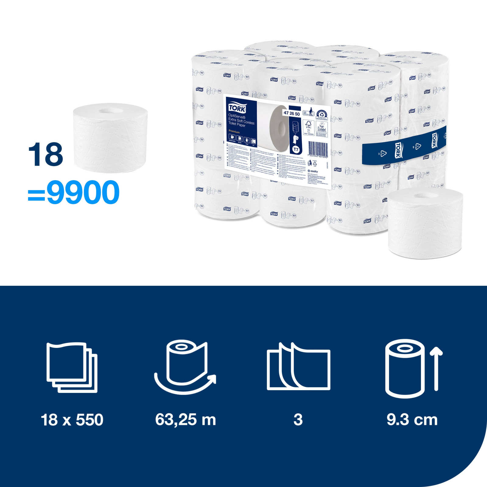 Екстра м'який туалетний папір в рулонах Tork OptiServe Premium без втулки, білий, 3 шари, 550 відривів, 1 рулон