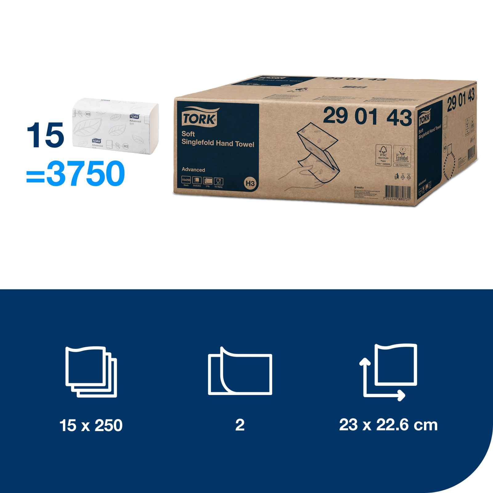 Листові рушники Tork Advanced Soft Singlefold складання Z, білі, 2 шари, 23x22,6 cм, 250 листів