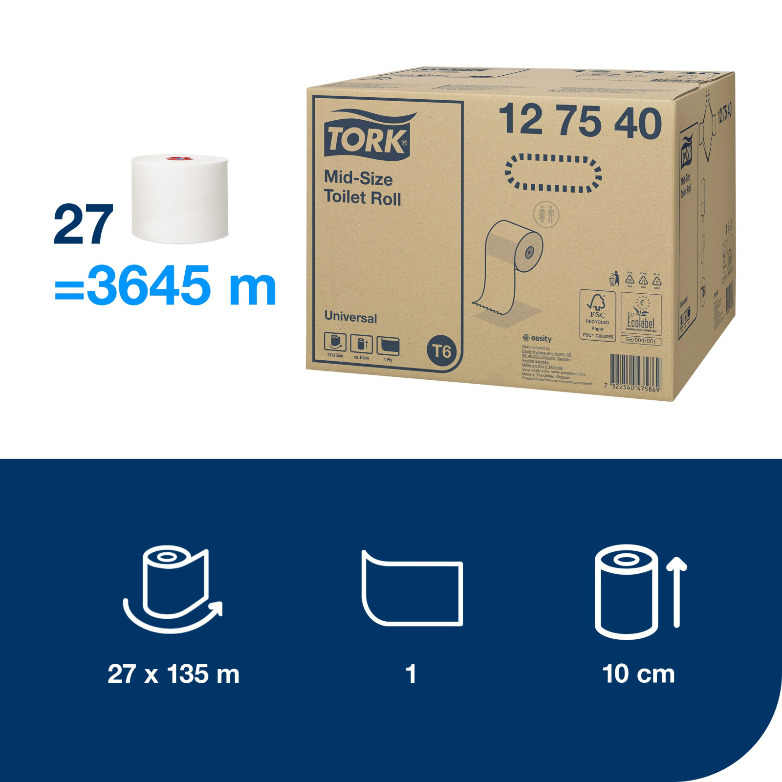 Туалетний папір Tork Universal в міді рулонах, білий, 1 шар, 135 м, 1 рулон