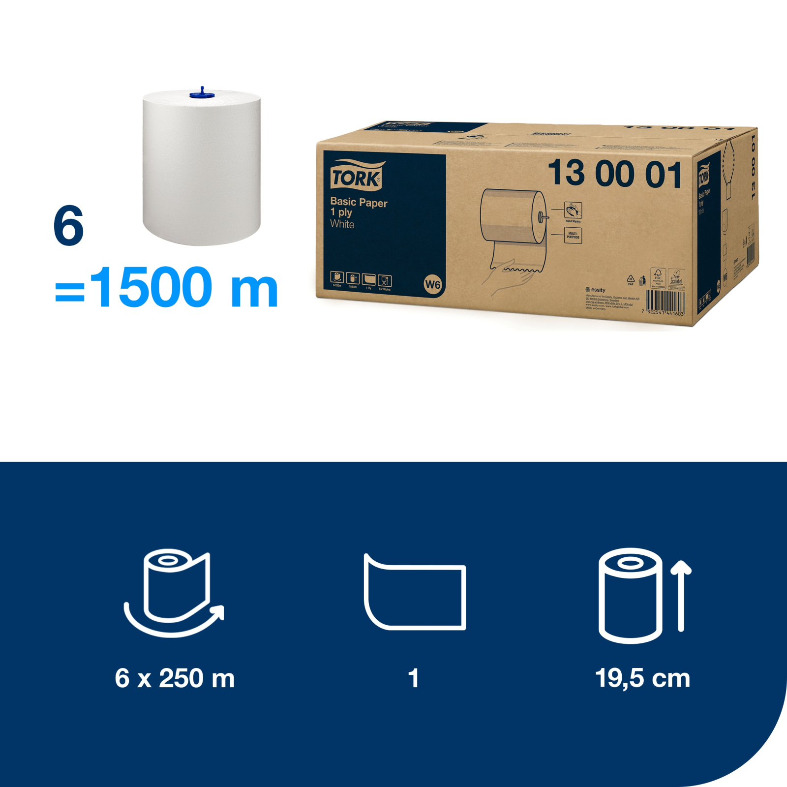 Рушники в рулонах Tork Basic, білі, 1 шар, 250 м, 1 рулон