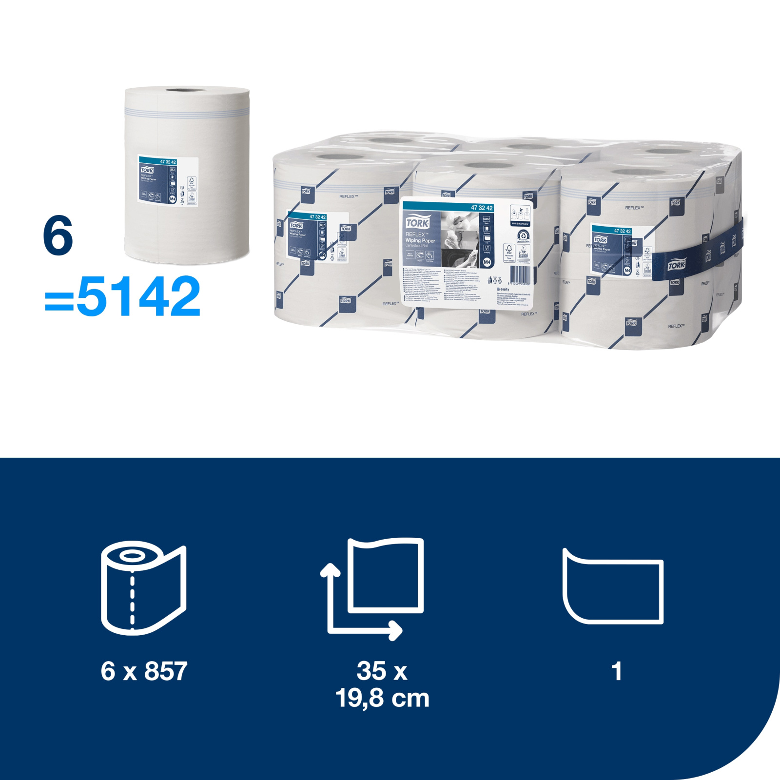 Рушники Tork Reflex в рулонах з центральною витяжкою, білі, 1 шар, 300 м, 857 листів, 1 рулон