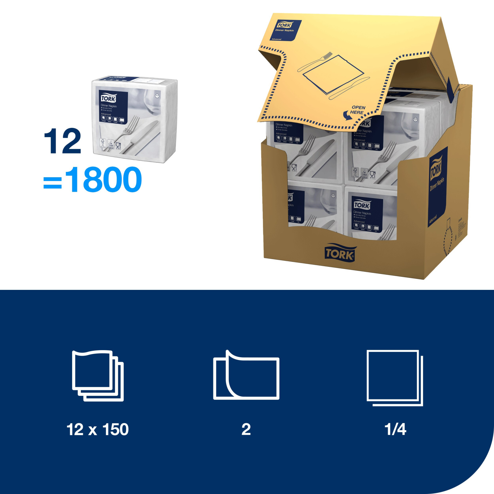 Серветки для вечері Tork Advanced, білі, 2 шари, 39х39 см, 150 шт