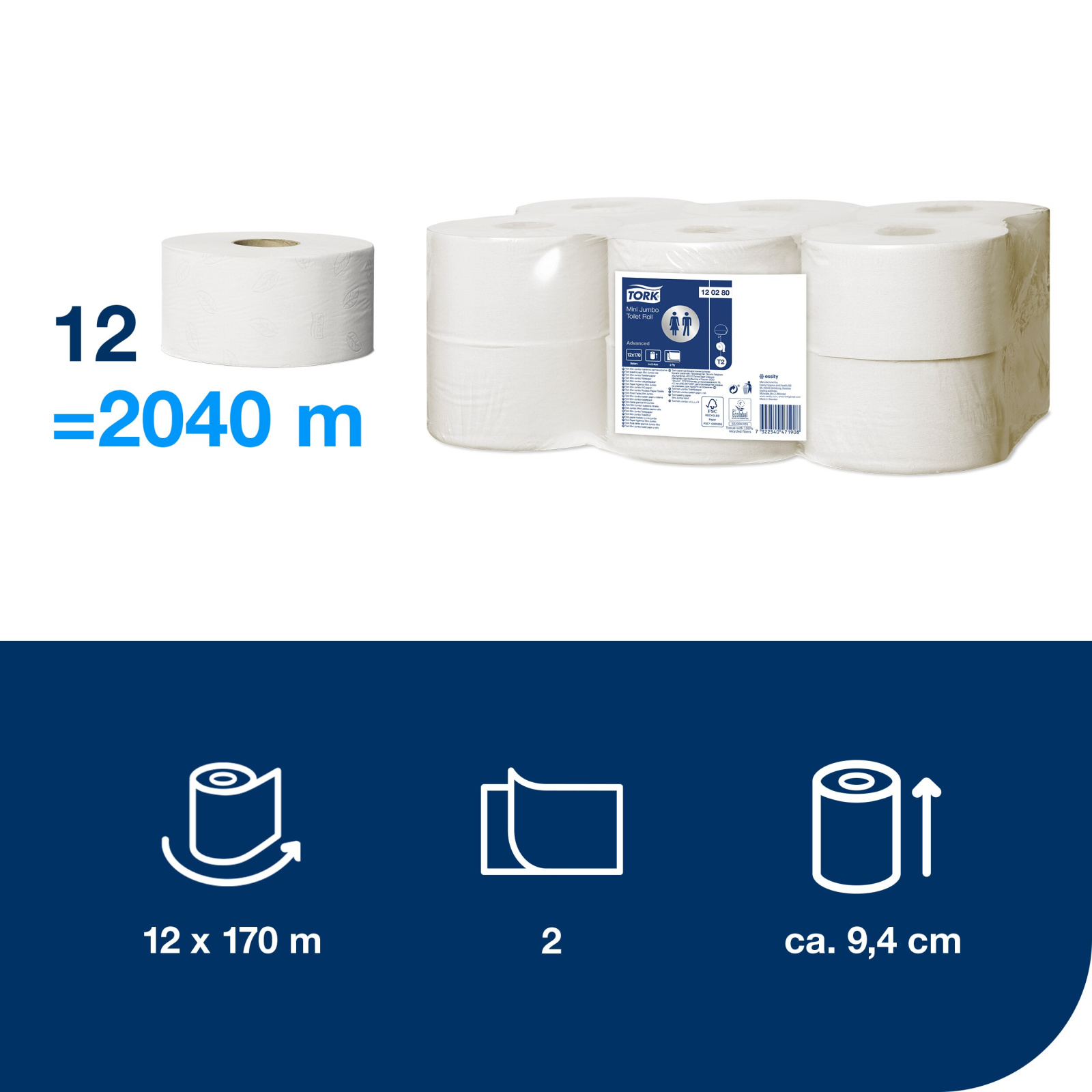 Туалетний папір Tork Advanced в рулонах Mini Jumbo, білий, 2 шари, 170 м, 1 рулон