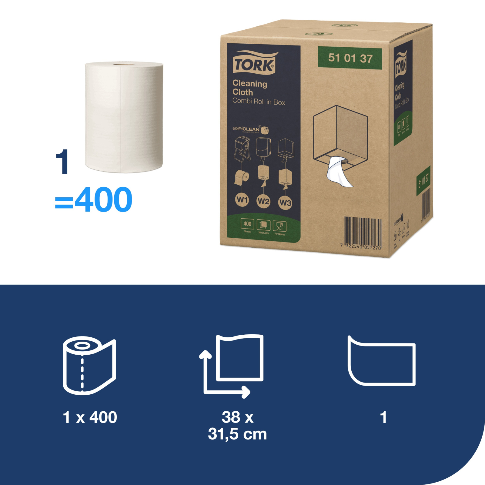 Нетканий матеріал для протирання в рулонах Tork Premium, білий, 152 м, 400 листів, 1 рулон