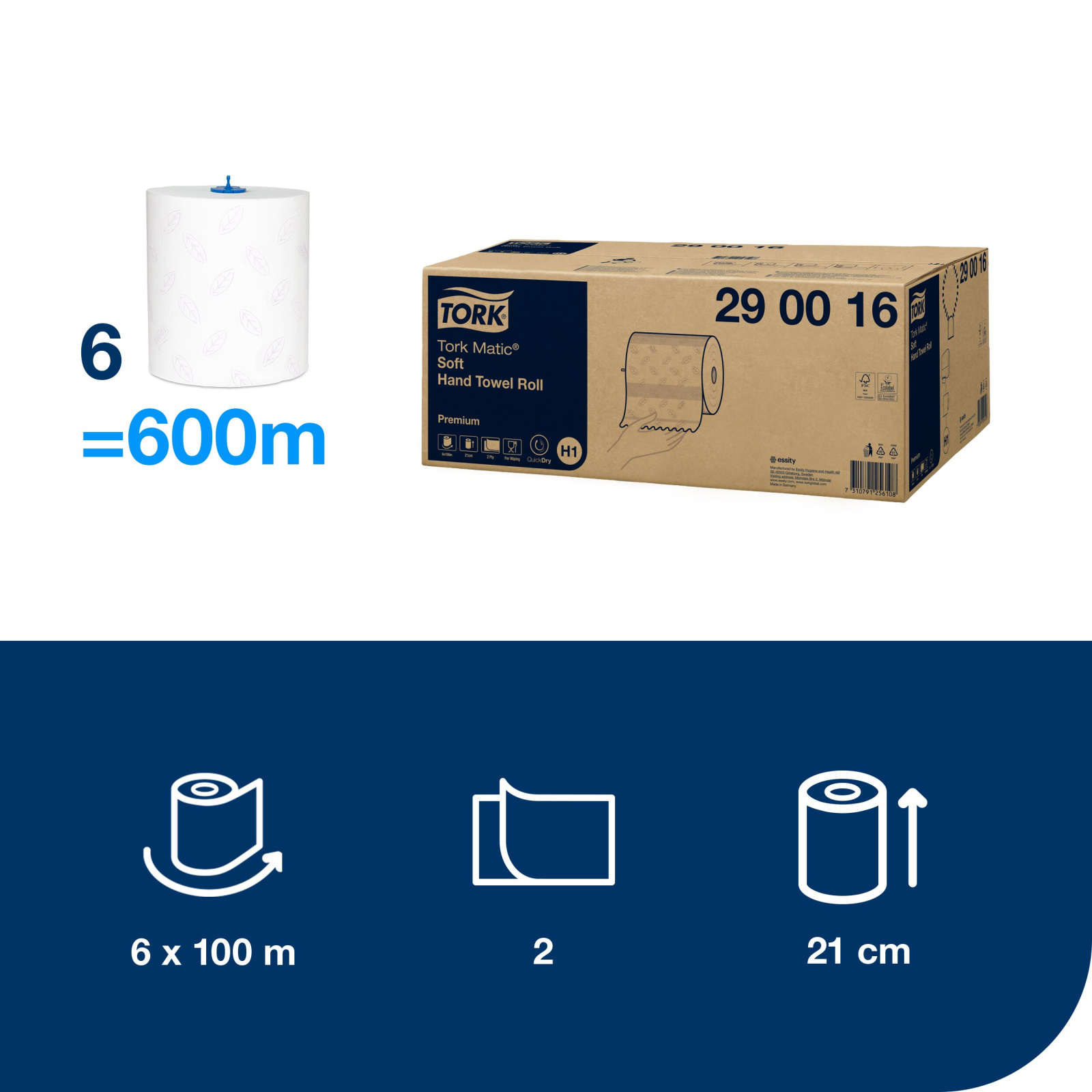 Рушники в рулонах Tork Matic Premium Soft, білі, 2 шари, 100 м, 400 листів, 1 рулон