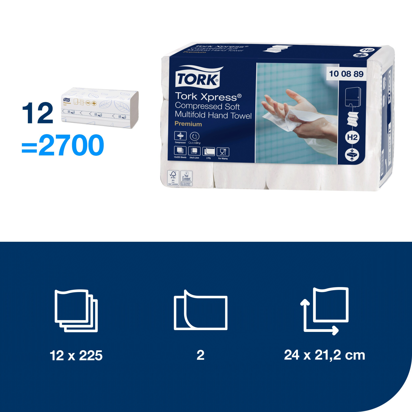 Листові вузькопанельні рушники Tork Xpress Premium Soft складання Multifold, білі, 2 шари, 21х24 см, 225 листів