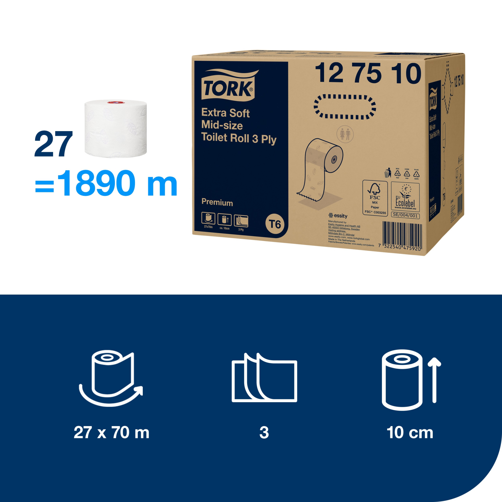 Туалетний папір Tork Premium Extra Soft в міді рулонах, білий, 3 шари, 70 м, 1 рулон