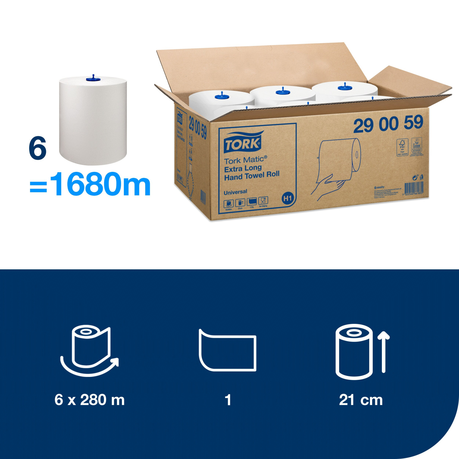 Рушники в рулонах Tork Matic Universal, білі, 1 шар, 280 м, 1120 листів, 1 рулон