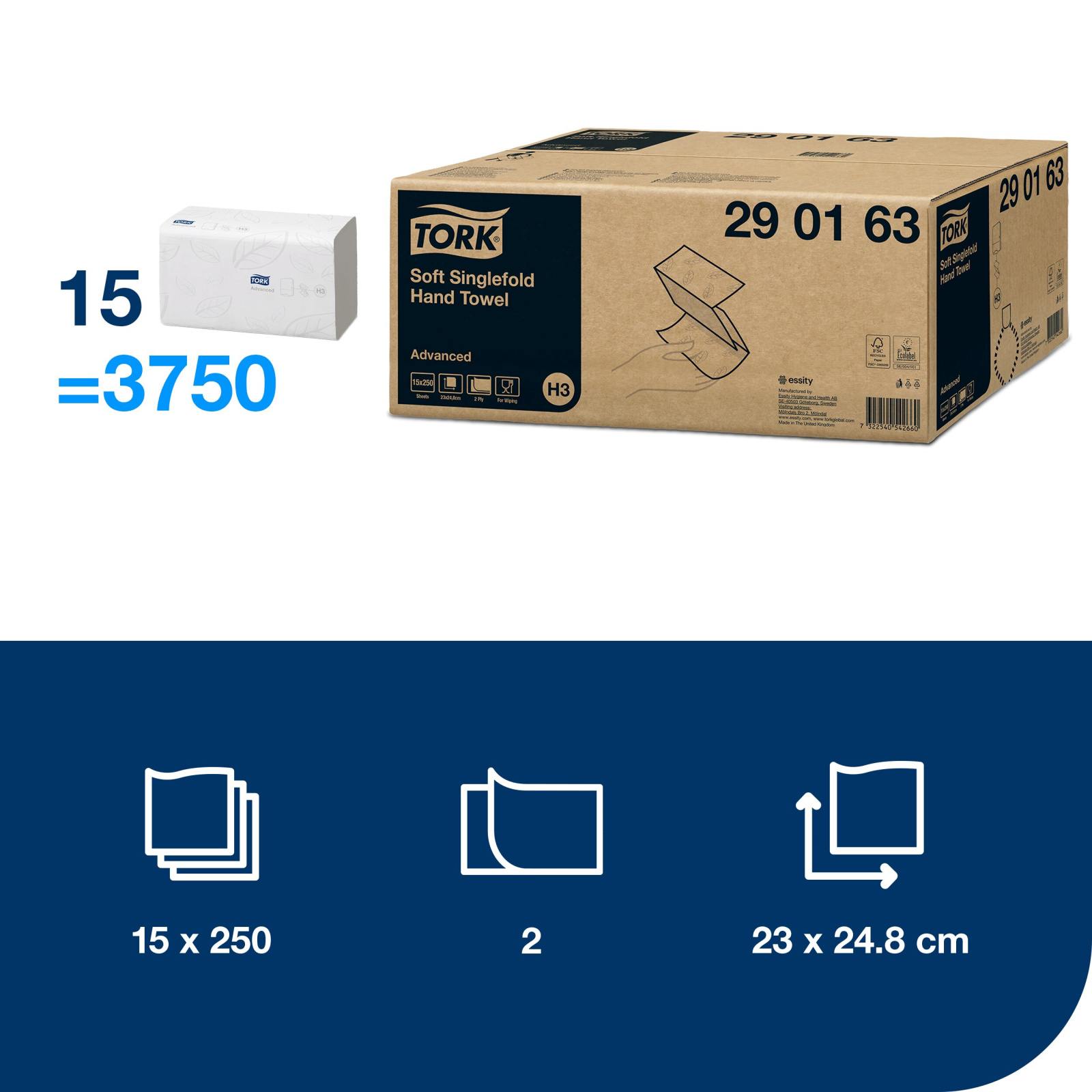 Листові рушники Tork Advanced Soft Singlefold складання Z, білі, 2 шари, 23х24,8 см, 250 листів