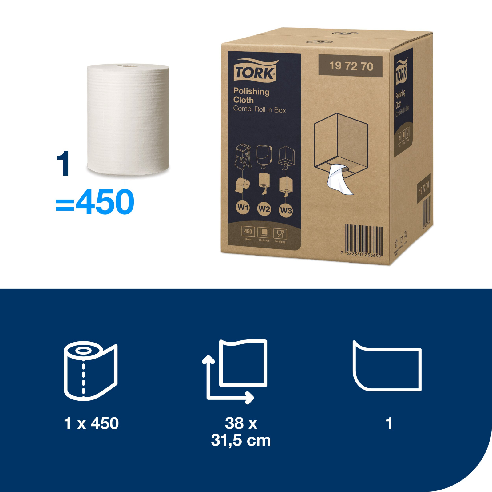 Нетканий матеріал для полірування Tork Premium в рулонах, білий, 171 м, 450 листів, 1 рулон